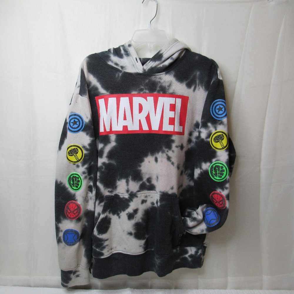 Marvel Men Sweatshirt Large Acid Wash White Black Logo Long Sleeve Hood Pocket C